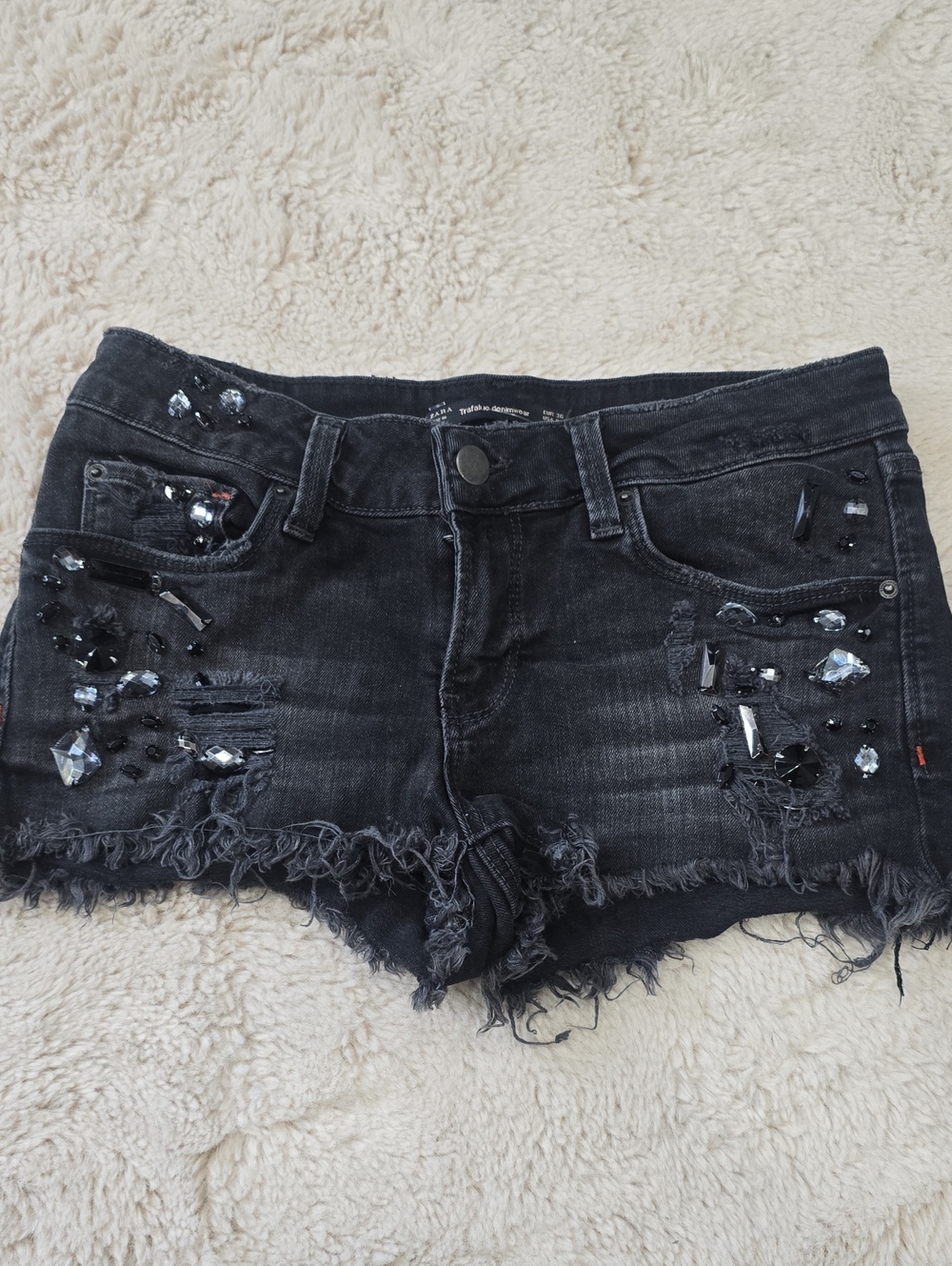Zara Black Distressed Denim Shorts with Jewel Embellishments